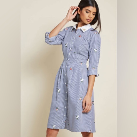 Modcloth Dresses & Skirts - EUC ModCloth Broadcast Coordinator Striped Blue Floral Shirt Dress
